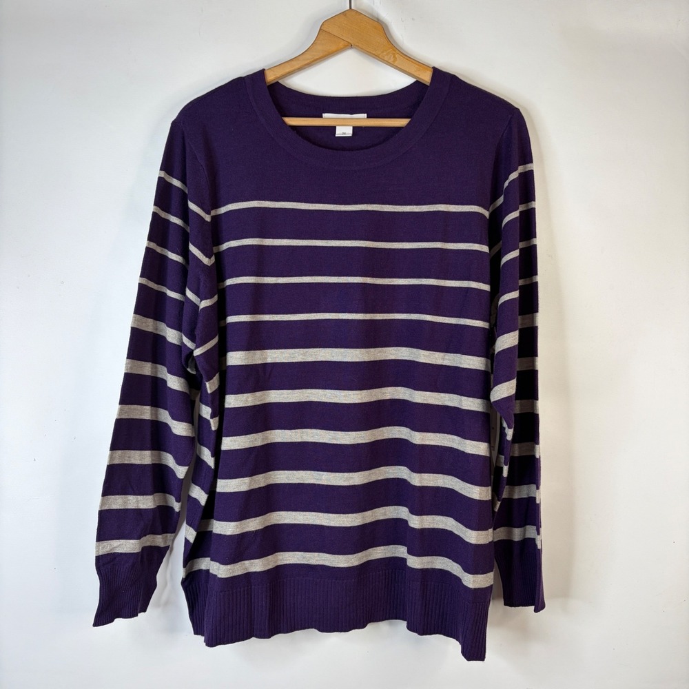 Liz Claiborne Sweater Womens 2X Purple Grey Striped Long Sleeve Crew Neck